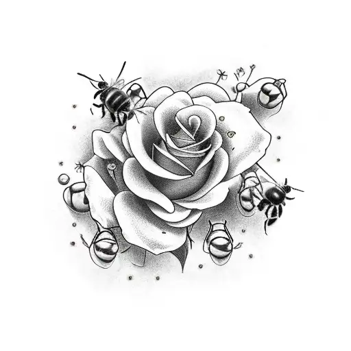 Rose, cherryblossom and christmas rose with bees tattoo design idea