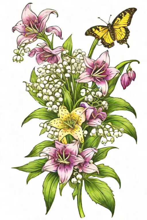Bouquet of Lily of the Valley, Cosmos, and Daffodil.  tattoo design idea