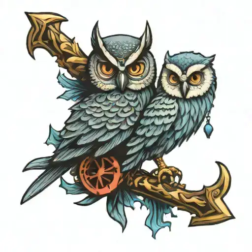 OWL AND SEAHORSE HOLDING TRIDENT   tattoo design idea