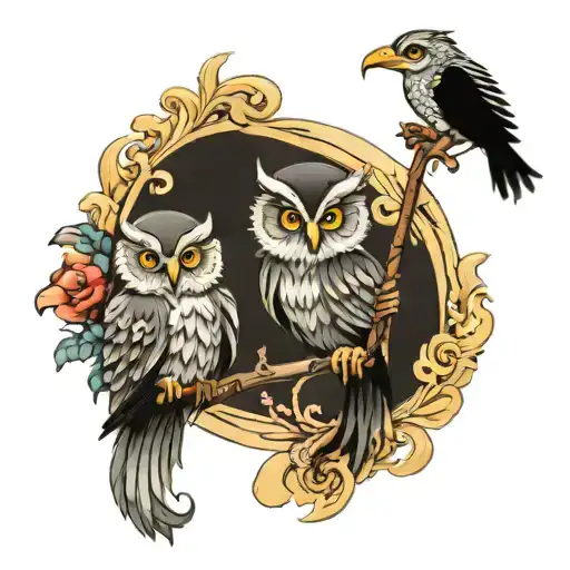 OWL AND SEAHORSE HOLDING TRIDENT  tattoo design idea