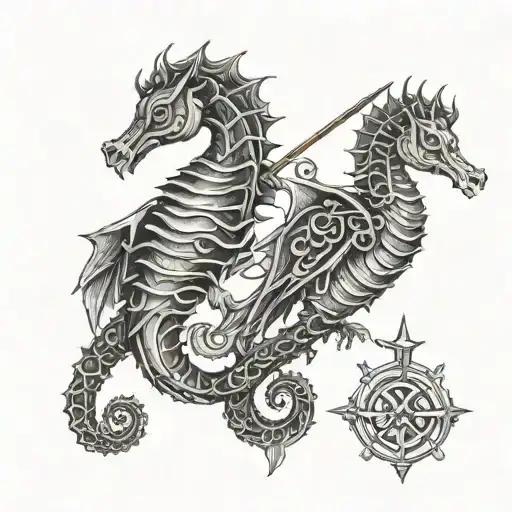 SEAHORSE AND OWL HOLDING TRIDENT  tattoo design idea