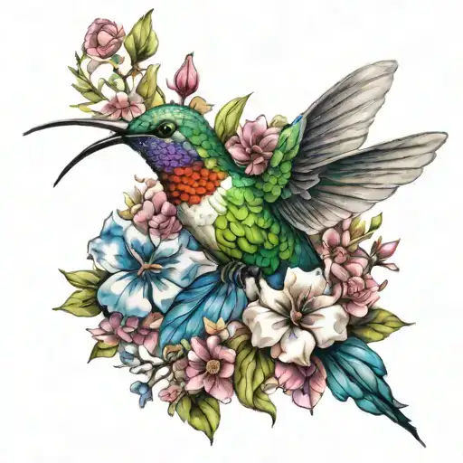 An intricate tattoo design of a hummingbird made entirely of various colorful gemstones, surrounded by blooming flowers tattoo design idea