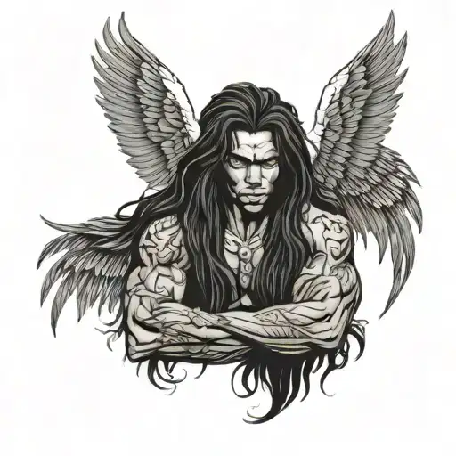 muscular black boy with insanely long hair and angel wings  tattoo design idea