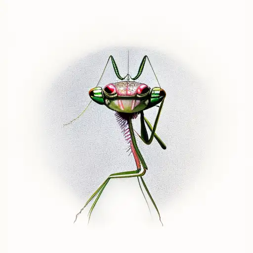 praying mantis holding a ken doll head in its hands tattoo design idea