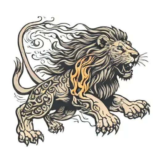 a lion rolls a burning fireball in his paw tattoo design idea