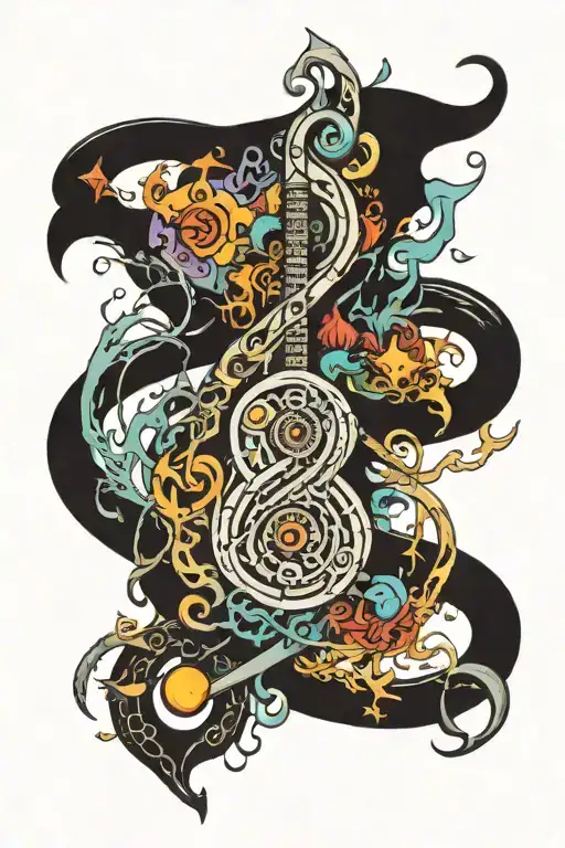 old traditional Dungeons & Dragons forming musical notes psychedelic style tattoo design idea
