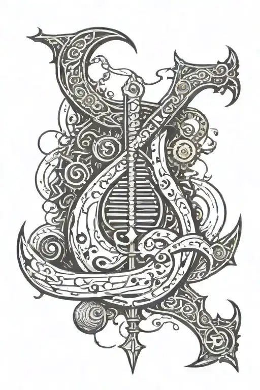 old traditional Dungeons & Dragons forming musical notes psychedelic style tattoo design idea