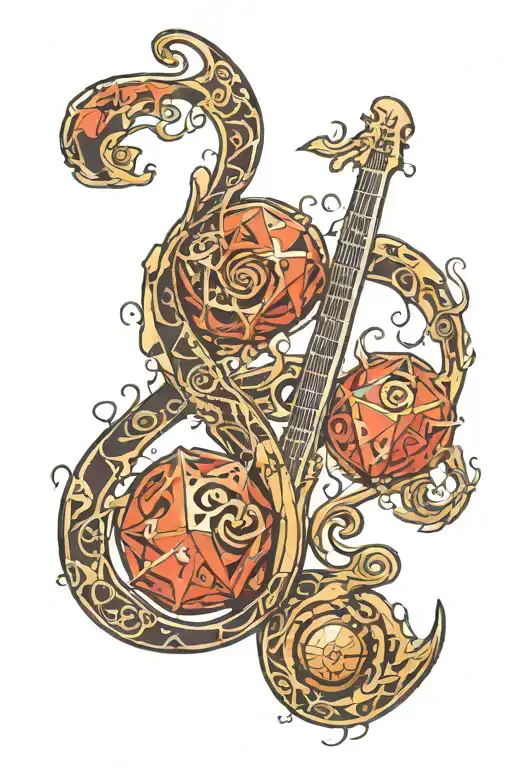 old traditional Dungeons & Dragons forming musical notes psychedelic style tattoo design idea