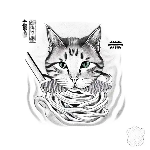cat with noodles tattoo design idea