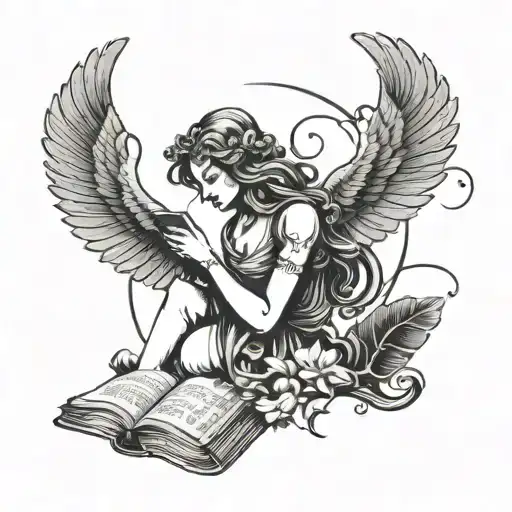 A tattoo of a Greek goddess reading a book, with elements of witchcraft and painting incorporated into the design tattoo design idea