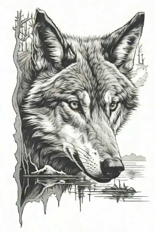 a wolf looking at its own reflection as it's younger self tattoo design idea