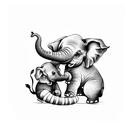 A heartwarming tattoo of a baby elephant cuddled up to its mother, reflecting the client's dedication to stay-at-home parenting tattoo design idea