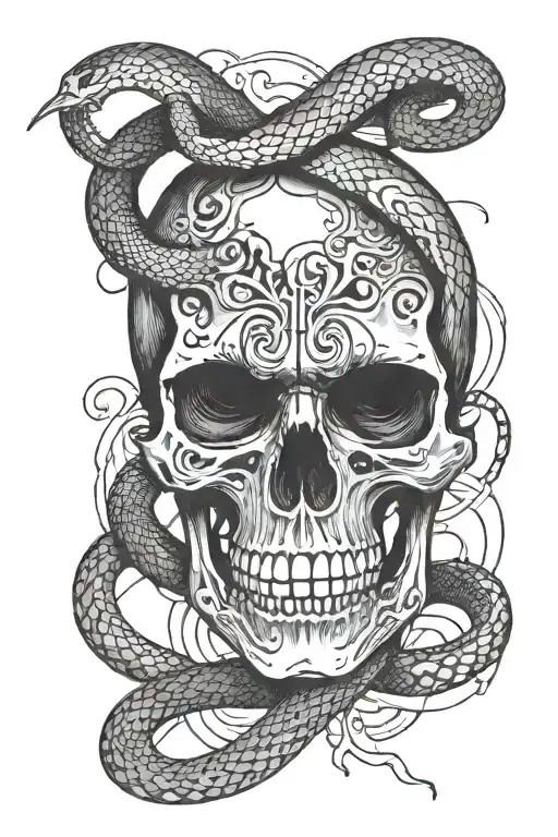 Skull and a snake emerging from the eye socket, with 'ha ha' carved into the skull with a knife. tattoo design idea