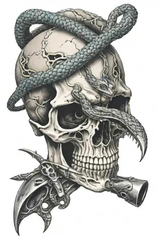 Skull and a snake emerging from the eye socket, with 'ha ha' carved into the skull with a knife. tattoo design idea