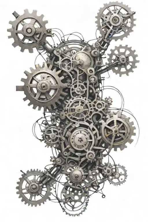 hydraulic, cogs ant wires in cybernetics underneath skin tattoo design idea