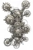 hydraulic, cogs ant wires in cybernetics underneath skin tattoo design idea