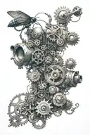 hydraulic, cogs ant wires in cybernetics underneath skin tattoo design idea