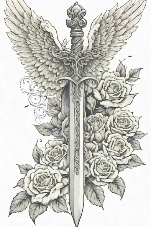sword angel wings and roses growing tattoo design idea