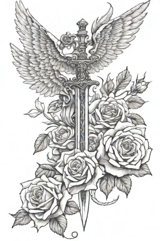 sword angel wings and roses growing tattoo design idea