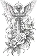 sword angel wings and roses growing tattoo design idea