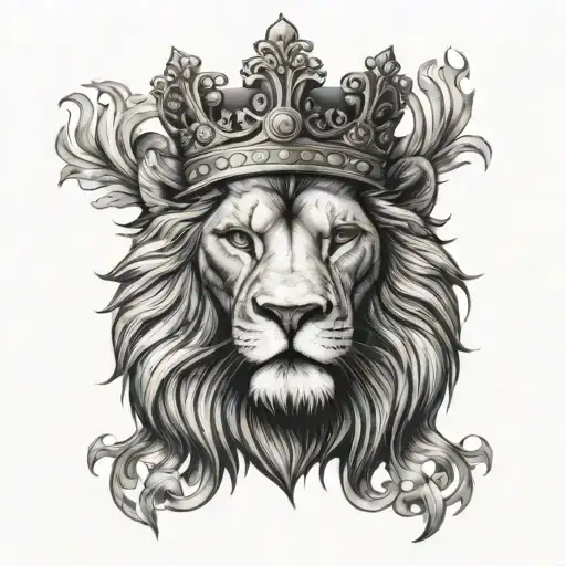 A black and grey tattoo of a fierce lion wearing a crown, inspired by historical kings and rulers tattoo design idea