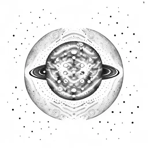 A dotwork design featuring a galaxy with planets and asteroids tattoo design idea