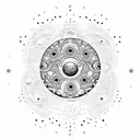 A dotwork design featuring a galaxy with planets and asteroids tattoo design idea