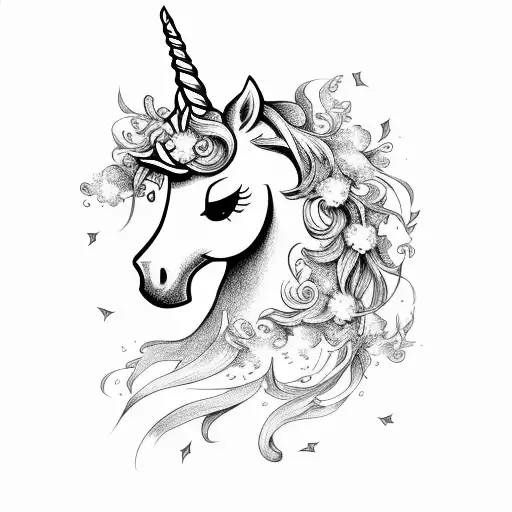 unicorn mad lightning flowers tattoo design idea