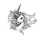 mad unicorn with flowers and lightning tattoo design idea