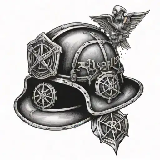 Create a dotwork tattoo of a firefighter helmet with Masonic symbols intertwined tattoo design idea