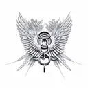 Two big bird wings connected to and angle holding a chain with a cross tattoo design idea