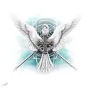 Two big bird wings connected to and angle holding a chain with a cross tattoo design idea