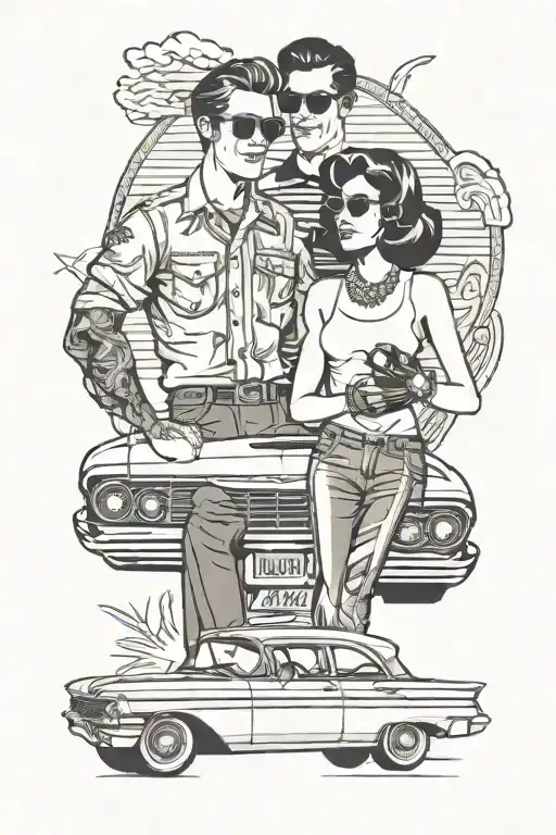 young couple in 1960s, chevrolet impala, rock n roll theme, jukebox, microphone tattoo design idea
