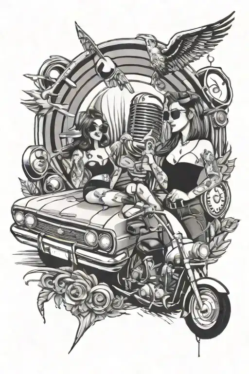 young couple, rock n roll theme, chevrolet impala, jukebox, old mic tattoo design idea