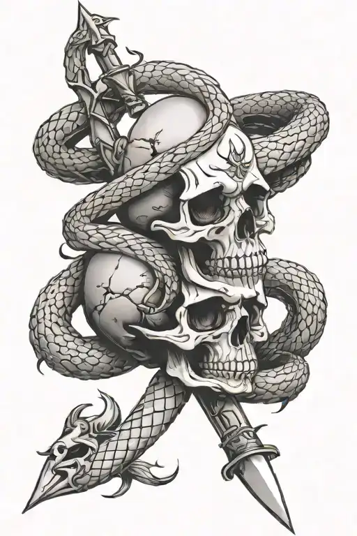 snake wrapped around dagger going through skull tattoo design idea