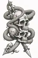 snake wrapped around dagger going through skull tattoo design idea