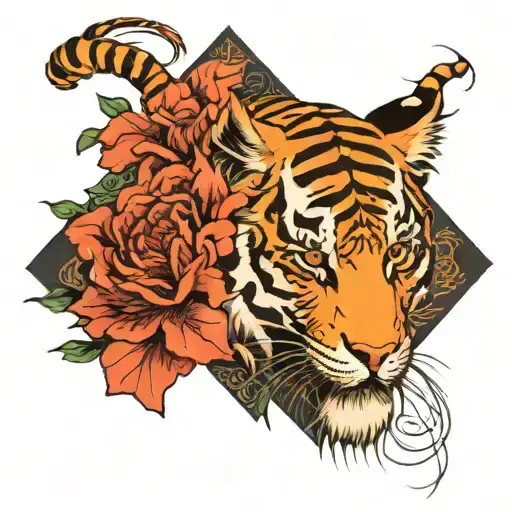 Diamond within floral pattern interweaved by tiger stripes tattoo design idea