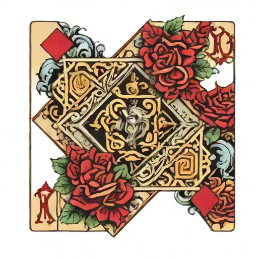 Diamond in the center of a king of diamonds card. In the card their is a floral pattern and hogs tattoo design idea