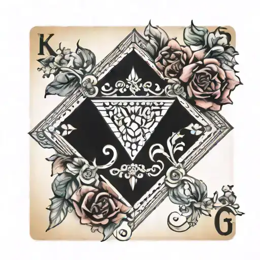 Diamond in the center of a king card. around the diamond  their is a floral pattern and hogs tattoo design idea