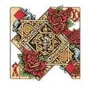 Diamond in the center of a king of diamonds card. In the card their is a floral pattern and hogs tattoo design idea