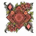 Diamond in the center of a king of diamonds card. In the card their is a floral pattern and hogs tattoo design idea