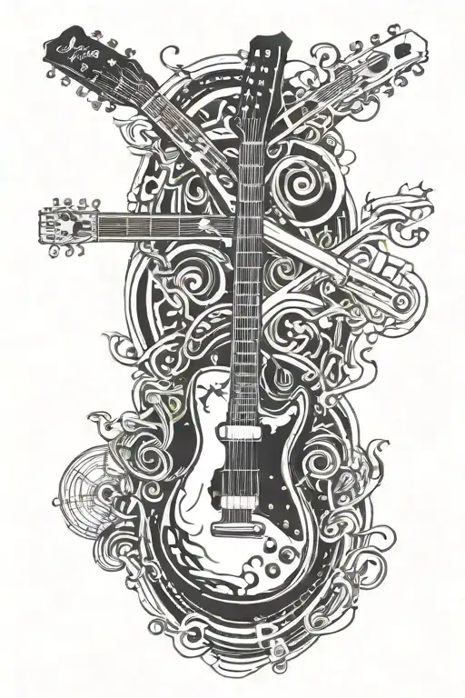 A stylized guitar neck transforming into a winding road with motorbike silhouettes and musical notes along the way tattoo design idea