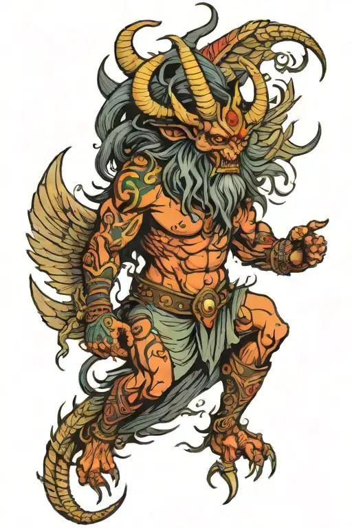 A full-length demon with horns and feathered wings. Colourf tattoo tattoo design idea
