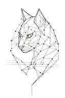 A geometric cyber cat with binary code forming the shape tattoo design idea