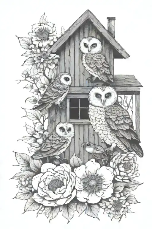 peonies, chrysanthemums, a mandala, bees, honeycombs with serotonin molecule inside, two barn owlets, mother barn owl  tattoo design idea