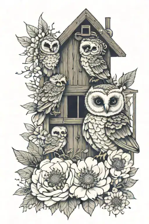 peonies, chrysanthemums, a mandala, bees, honeycombs with serotonin molecule inside, two barn owlets, mother barn owl  tattoo design idea