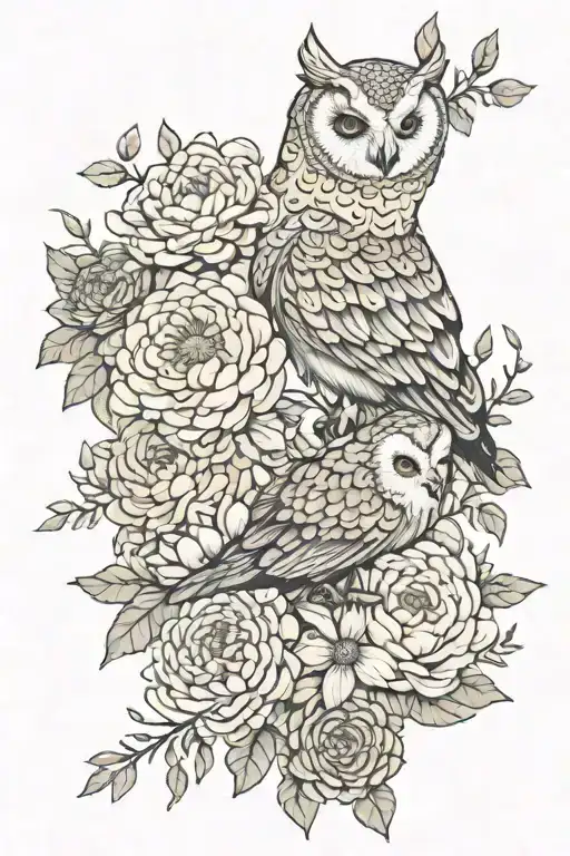 peonies, Japanese chrysanthemums, mandala, bees, honeycombs embed with serotonin molecule, two barn owlet, mom barn owl tattoo design idea