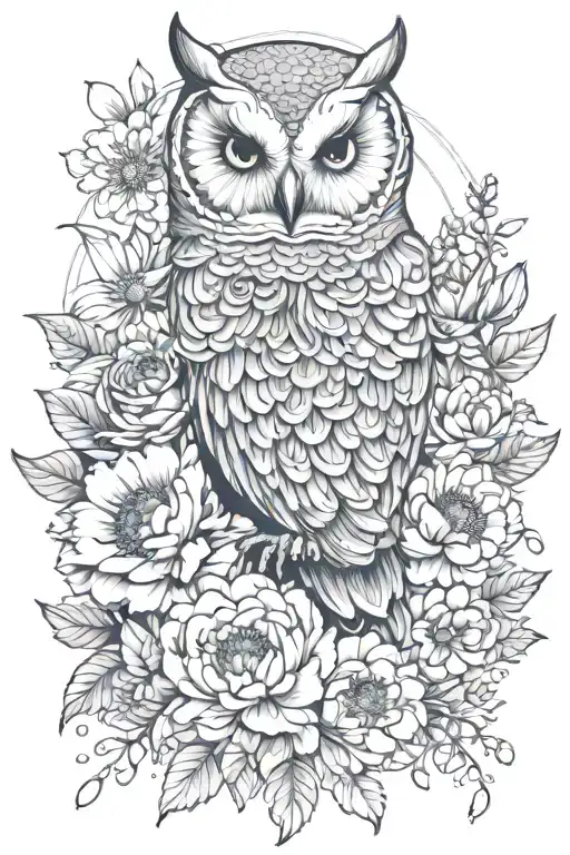 peonies, chrysanthemums, a mandala, bees, honeycombs with serotonin molecule inside, two barn owlets, mother barn owl  tattoo design idea