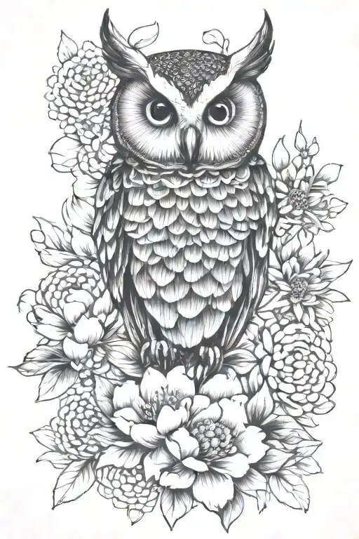 peonies, chrysanthemums, a mandala, bees, honeycombs with serotonin molecule inside, two barn owlets, mother barn owl  tattoo design idea