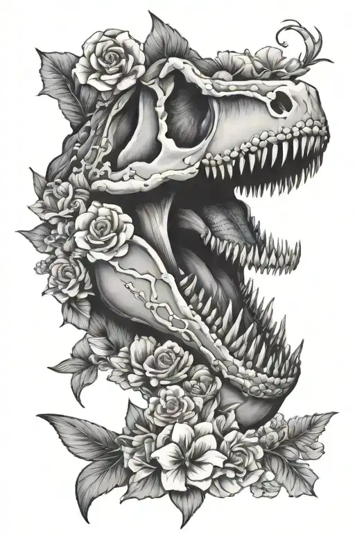 t-rex skull, shark jaw, flowers blooming tattoo design idea